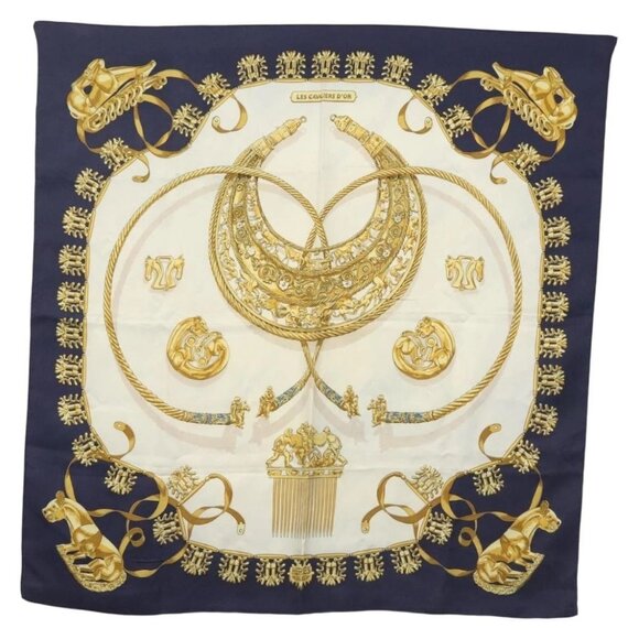 HERMES Carre 90 Scarf ""LES CAVALIERS D'OR"" Silk Navy Auth - Picture 1 of 15